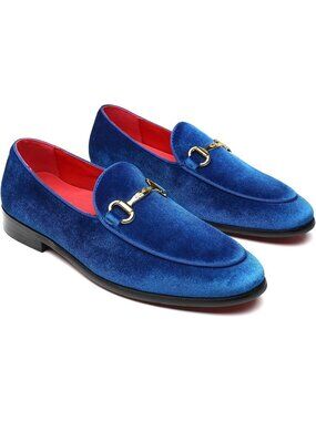 Erphpre Paul Men's Blue Velvet Loafers Metal Buckle Slip On Wedding Prom Shoes
